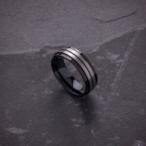 Stainless Steel Polished & Lasered Black IP-plated 7.5mm Wedding Band Ring